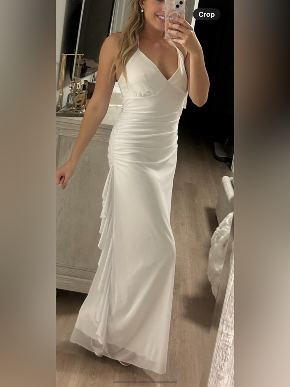 Vintage Elegant White Ruched Side V-Neck Evening Dress